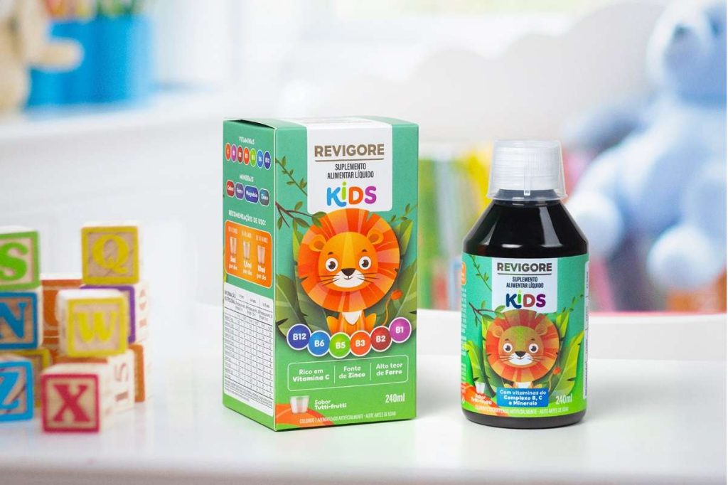 Embalagem do Revigore Kids, suplemento alimentar que completa a alimentação das crianças